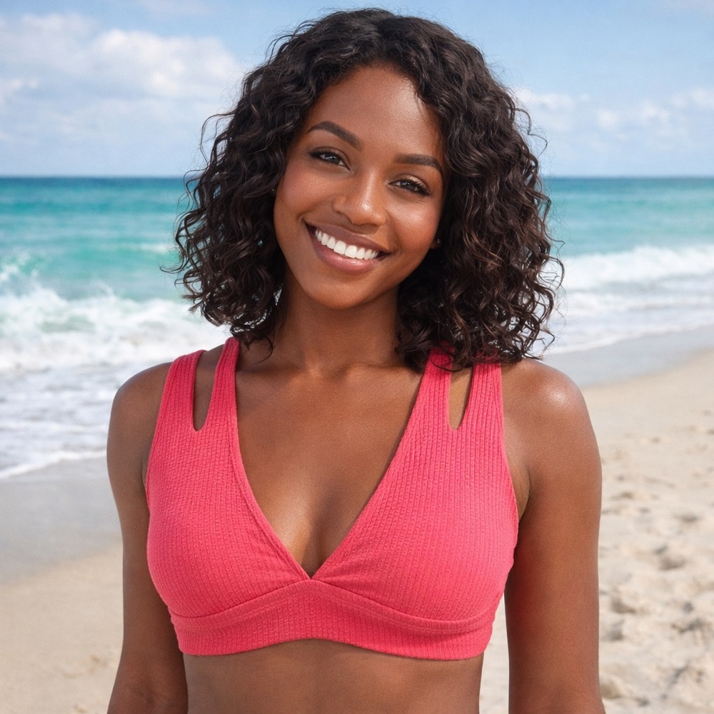 BECCA Vibrant Coral Ribbed Bikini Top Criss Cross Back Removable Cups NWT Size M